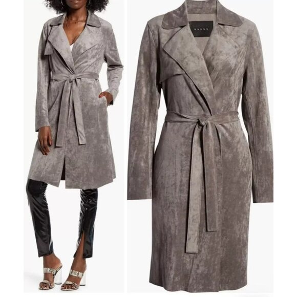 BlankNYC Trench Coat Gray Faux Suede Belted Open Front - Picture 2 of 10